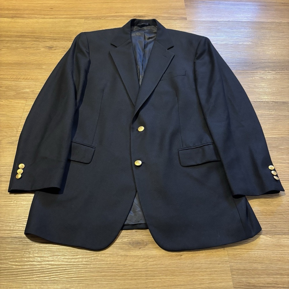 Brooks Brothers Gold Button Blazer Men's 42L Solid Navy Blue Wool Cashmere Italy